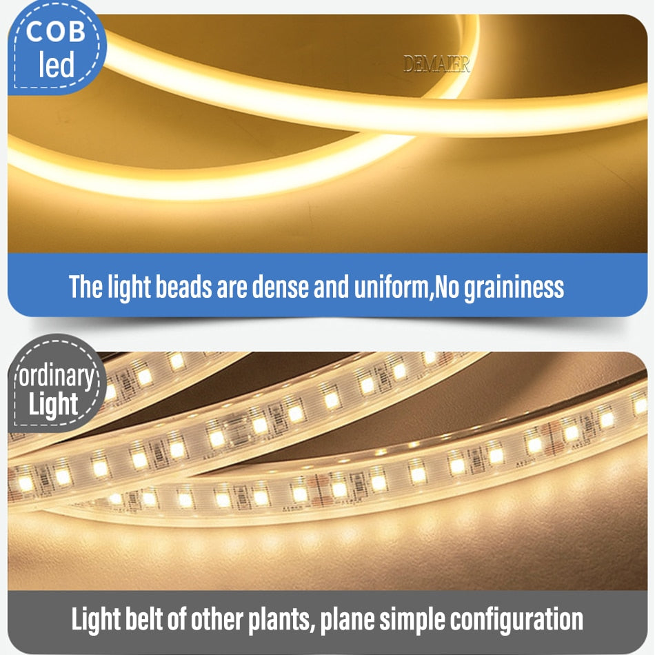 Fita de LED COB 220V à prova d'água para Decoração Exterior 360 LEDs/M RA 90 Alta Luminosidade 3000K 4000K 6000K Fita Flexível de Luz FOB